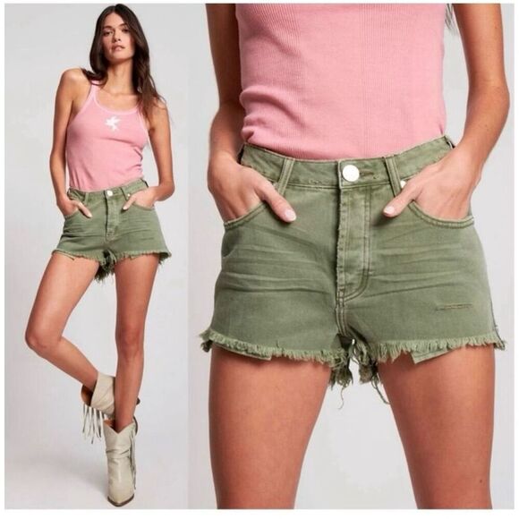 One Teaspoon Revolve Super Khaki Green High Waist Bonita Jean Shorts - Picture 1 of 8
